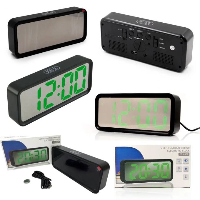 Многофункциональные часы настольные DT-6508 с будильником и USB зарядкой с зеленой подсветкой, компактные портативные универсальные лед часы, Электронные часы зеркальные,3 режима,время,дата,температура