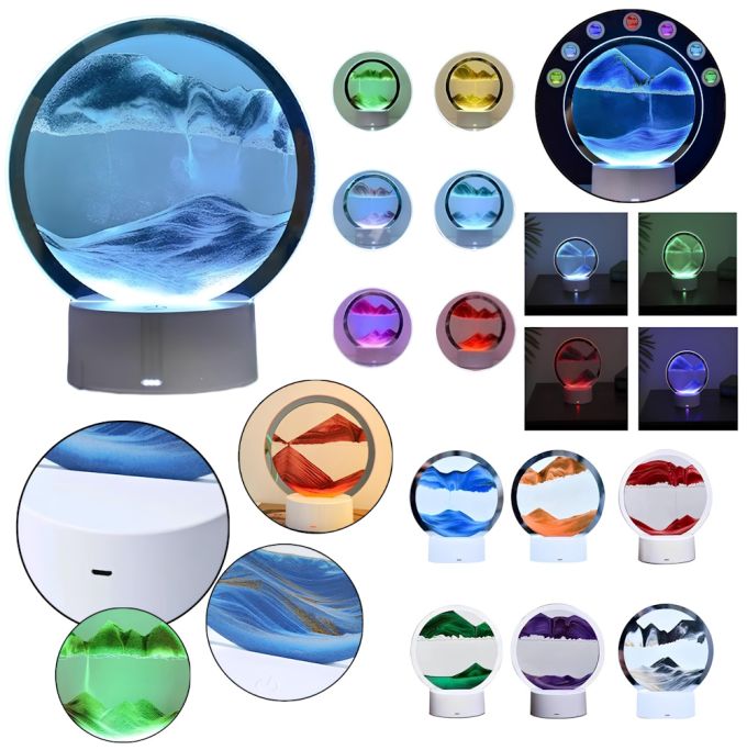 Настольная светодиодная LED лампа Песочные часы 3D Sand Painting, Лампа настольная Песочные горы 3D RGB ночник от USB или батареек, Настольная 3D картина песчаный пейзаж, подвижный песок