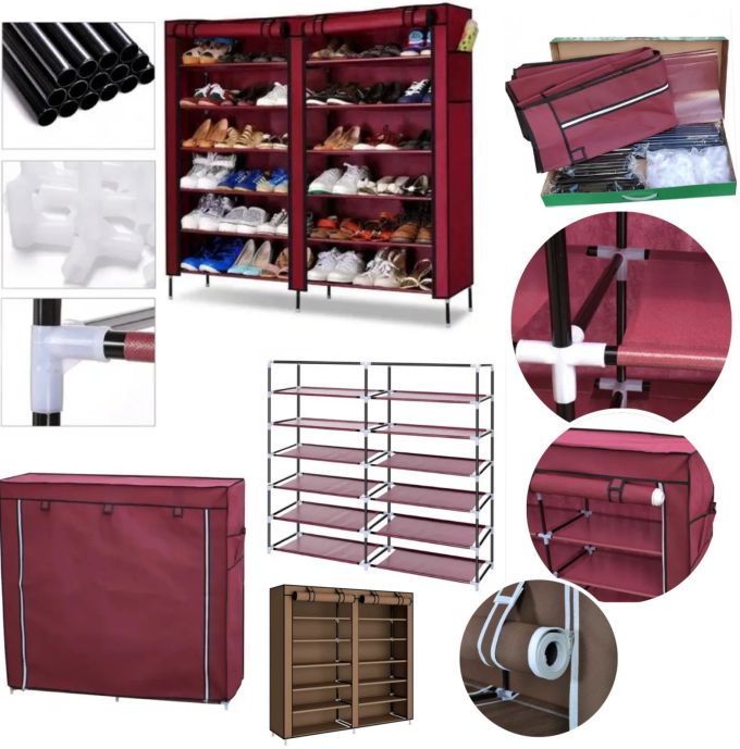 Тканевый складной шкаф для обуви на 2 секции Shoe Cabinet YQF-2266 на 12 полок, двойной шкаф органайзер для хранения обуви