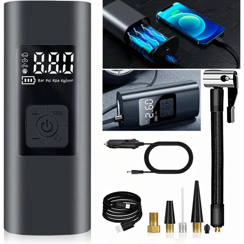 Аккумуляторный автомобильный портативный компрессор Wireless air pump CZCQ-101 6000 mAh 10.3 Bar, Автокомпрессор с экраном 12В, Портативный насос