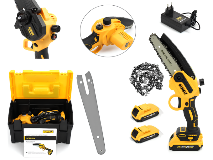 Аккумуляторная цепная мини пила DeWalt DCM160N 24V 4AH шина 20 см на 2 аккумулятора 8" дюймов с автоматической смазкой цепи в кейсе, Веткорез деволт