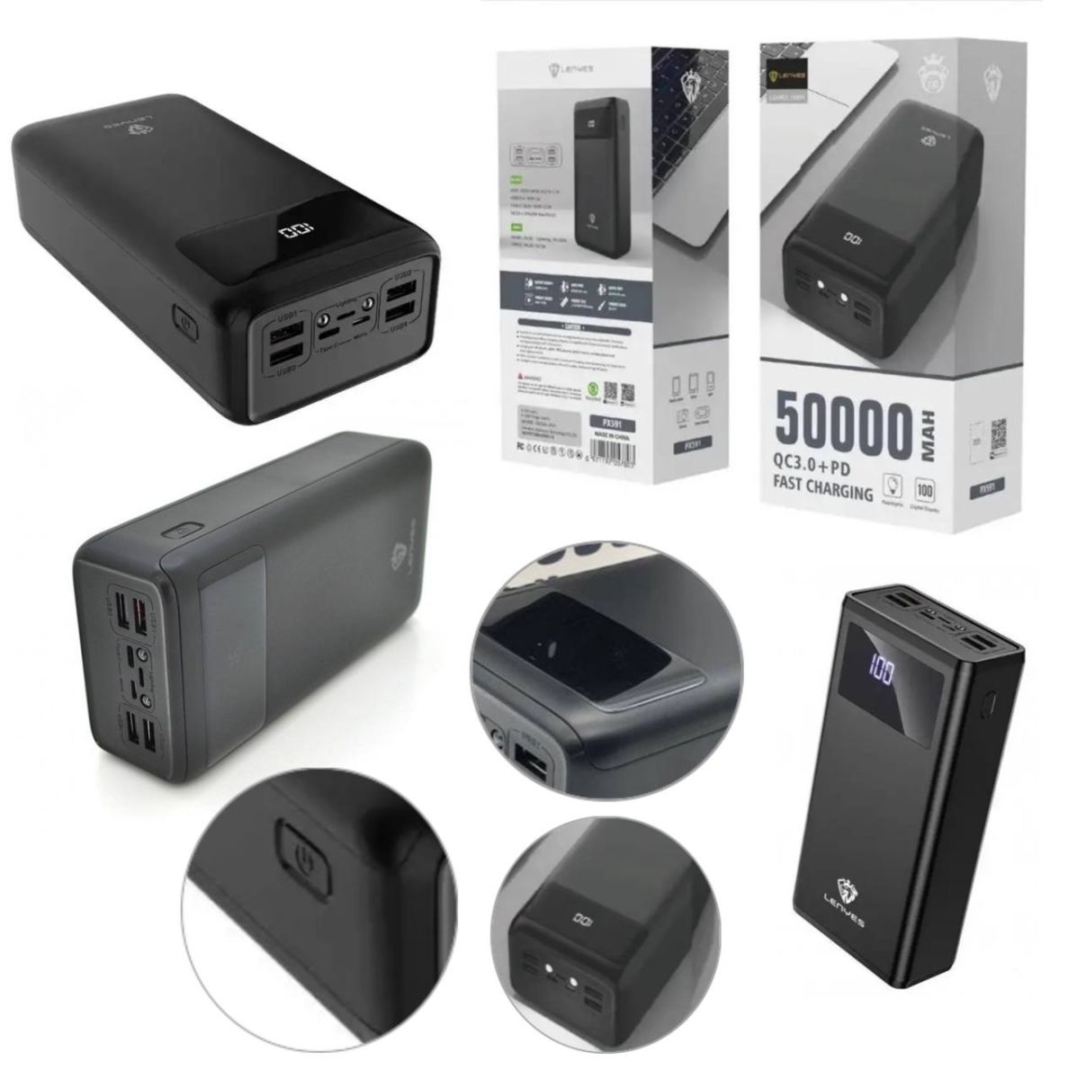 Power bank LENYES PX591 50000mAh (реальна ємність) 20W+PD QUICH CHARGE, портативная внешняя аккумуляторная мобильная батарея, универсальный павербанк для зарядки, компактная зарядная батарея с быстрой зарядкой