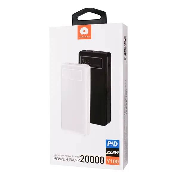 Портативный компактный переносной Power Bank WUW Y100 20000 mAh PD 22.5W, универсальный внешний аккумулятор с быстрой зарядкой Quick Charge 3.0, павербанк с цифровым LED-индикаторм уровня заряда, Двойной USB