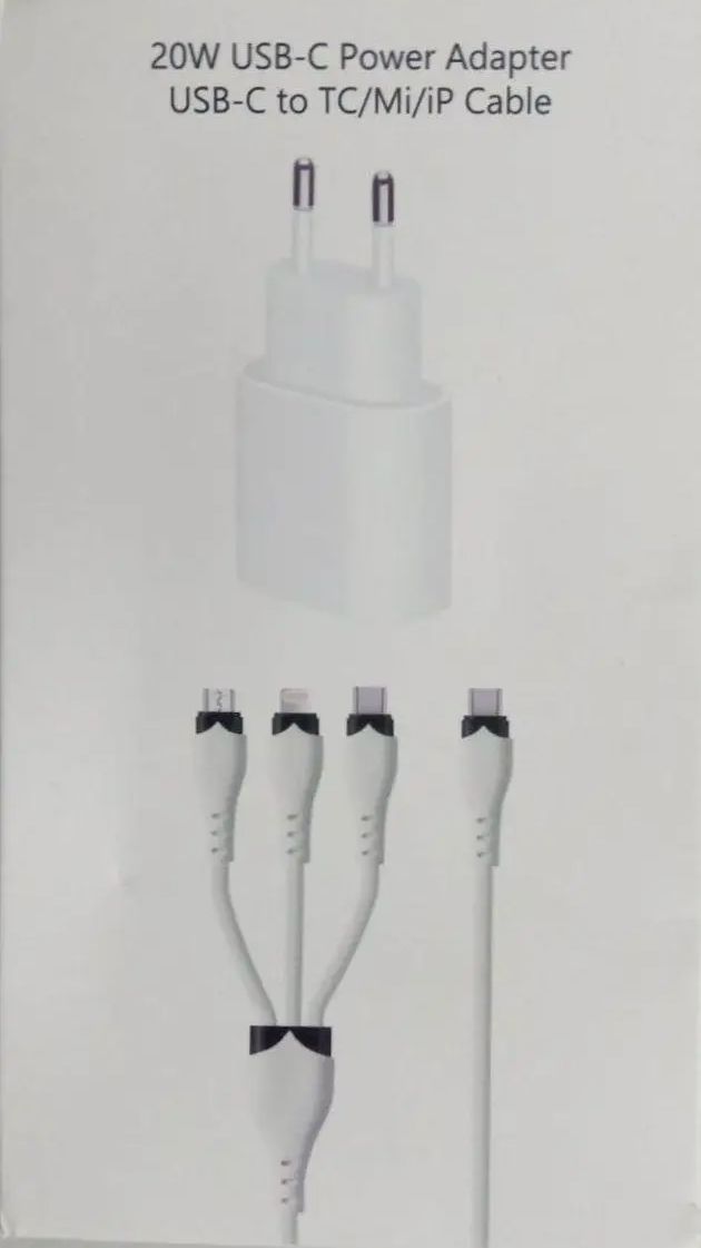 Зарядное устройство блок питания 20W USB-С Power Adapter + тройной универсальный кабель 3в1 USB-C to TC/Mi/iP Cable, Lightning,Type-C, Micro usb