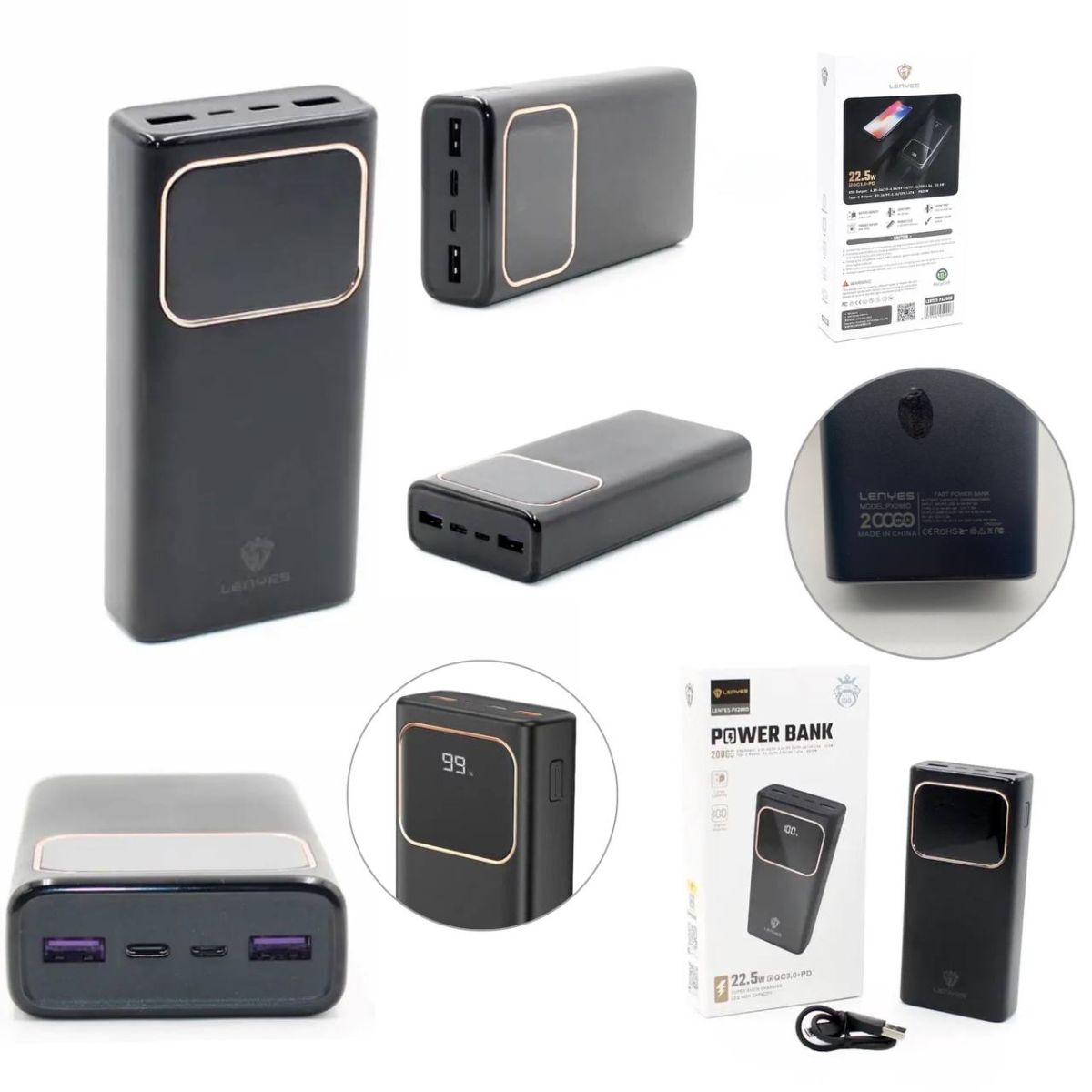 Power bank LENYES PX288D 20000mAh 22.5W+QC3.0+PD(реальная емкость), Портативное зарядное устройство с дисплеем, универсальная внешняя аккумуляторная батарея с быстрой зарядкой Quick Charging, павербанк для зарядки