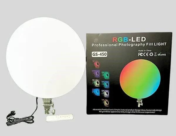 Универсальная Светодиодная круглая LED лампа Camera light GS-450 RGB с держателем-фиксатором для фото и видеосъемки,  предметной съемки, дополнительного освещения, цветная с пультом, для фотографов, блогеров, салонов красоты