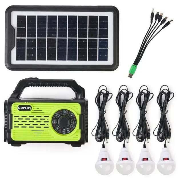 Солнечная станция GDPlus GD-8076, солнечная система, фонарь колонка, Фонарь Power Bank, FM радио, Bluetooth, 4 лампочки с солнечной панелью