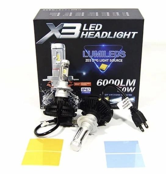 Комплект светодиодные LED лампы X3-H7 для автомобиля HeadLight 50Вт с активным охлаждением 8000K/6000Lm, автомобильные лед лампы