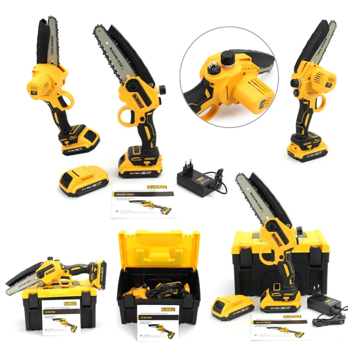 Аккумуляторная цепная мини пила DeWalt DCM160N 24V 4AH шина 20 см на 2 аккумулятора 8" дюймов с автоматической смазкой цепи в кейсе, Веткорез деволт