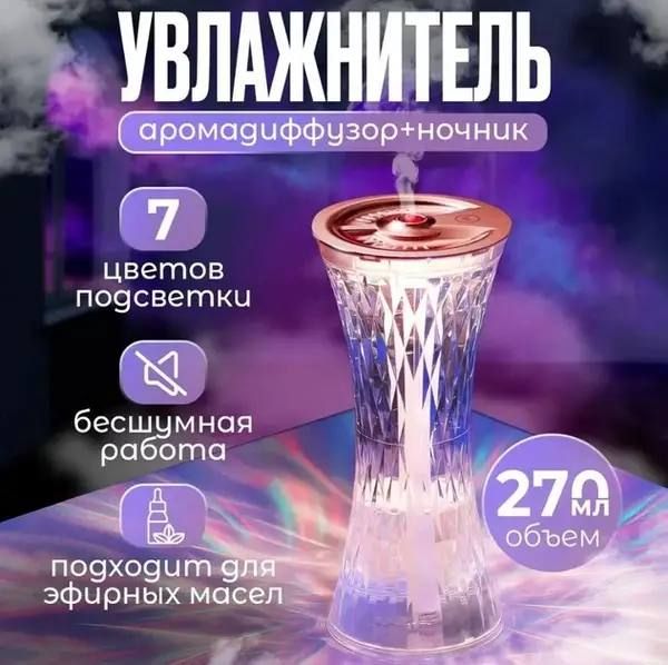 Кристальная лампа с увлажнителем воздуха Xiaomanyo humidifier и сенсорным управлением с многоцветной подсветкой, декоративный стильный увлажнитель, компактный аромадиффузор 3 в 1, 7 цветов подсветки