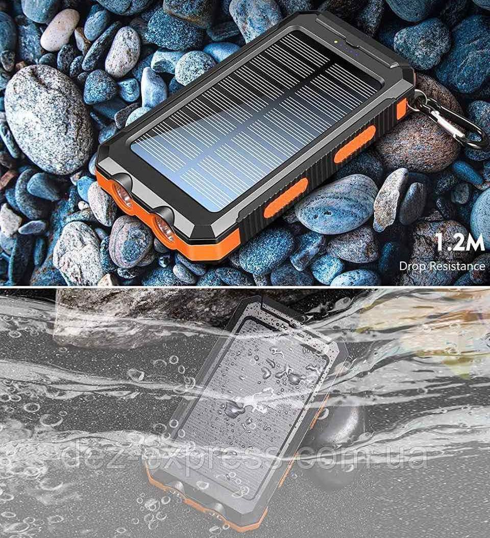 Портативное зарядное устройство Solar Power Bank с солнечной панелью 20000 мАч, противоударный, водонепроницаемый повербанк с фонарем, компас, карабин