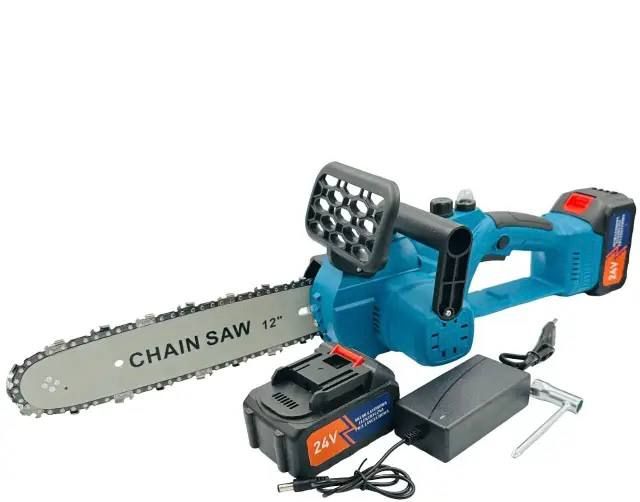 Ручная Мощная Универсальная Электропила 24V Chain Saw 12'', Пила аккумуляторная беспроводная безопасная выносливая портативная цепная для распилки дров и обрезки деревьев или веток с двумя аккумуляторами