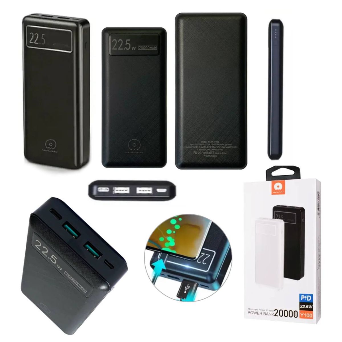Портативный компактный переносной Power Bank WUW Y100 20000 mAh PD 22.5W, универсальный внешний аккумулятор с быстрой зарядкой Quick Charge 3.0, павербанк с цифровым LED-индикаторм уровня заряда, Двойной USB