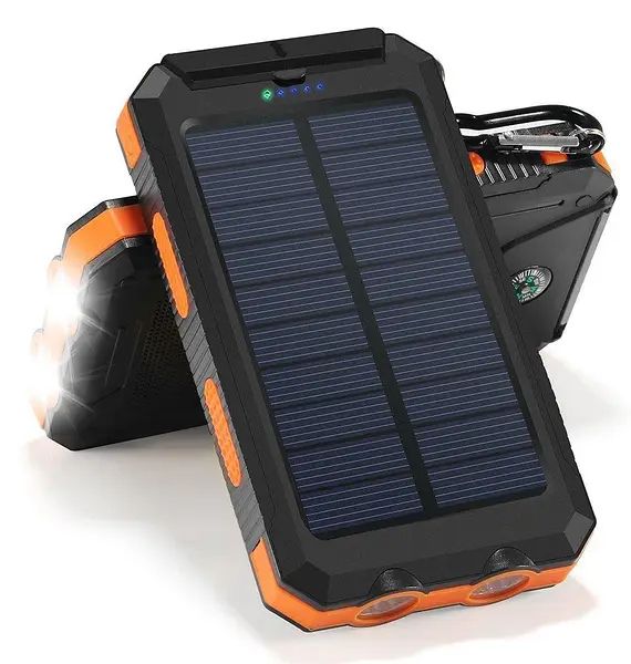 Портативное зарядное устройство Solar Power Bank с солнечной панелью 20000 мАч, противоударный, водонепроницаемый повербанк с фонарем, компас, карабин