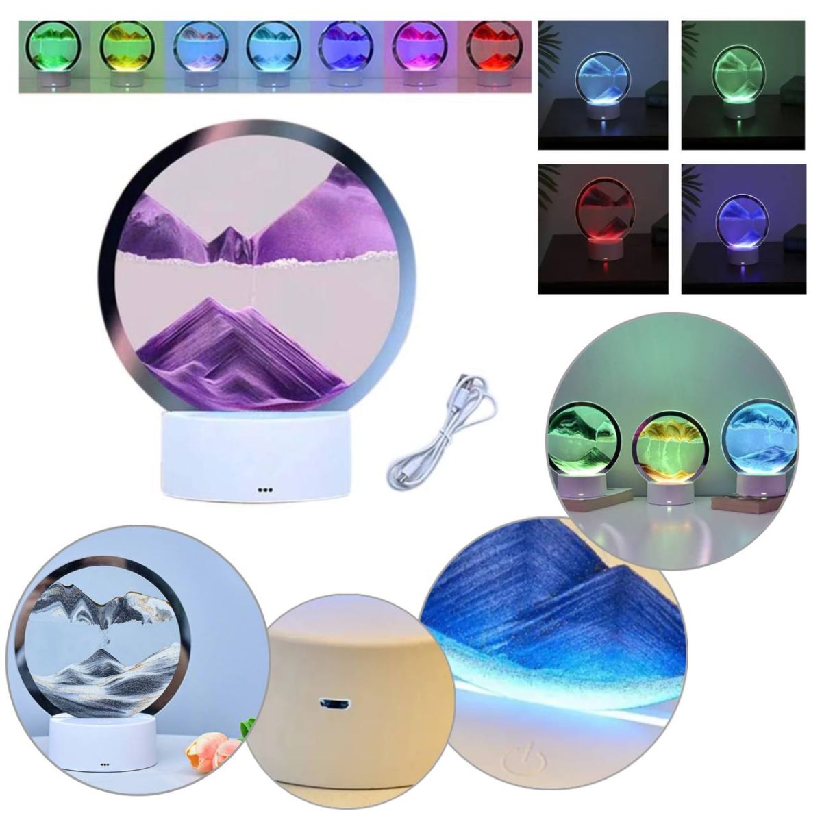 Настольная Лампа ночник RGB песочные часы Картина USB светильник 3D Sandscap вращение 360 °, уникальная увлекательная яркая прикроватная лампа анти стресс подвижный песок, светодиодный светильник с сыпучим песком