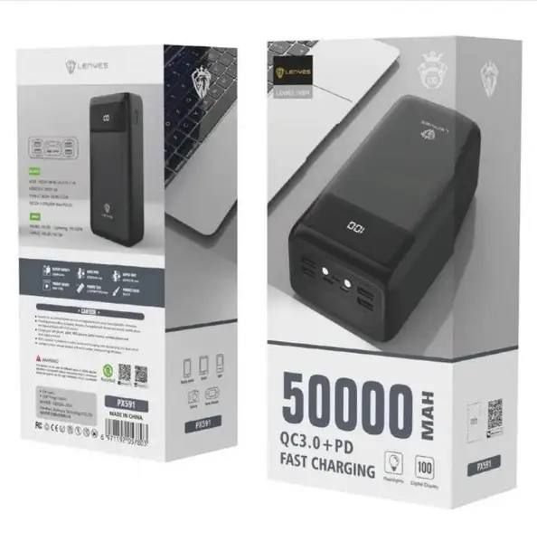 Power bank LENYES PX591 50000mAh (реальна ємність) 20W+PD QUICH CHARGE, портативная внешняя аккумуляторная мобильная батарея, универсальный павербанк для зарядки, компактная зарядная батарея с быстрой зарядкой