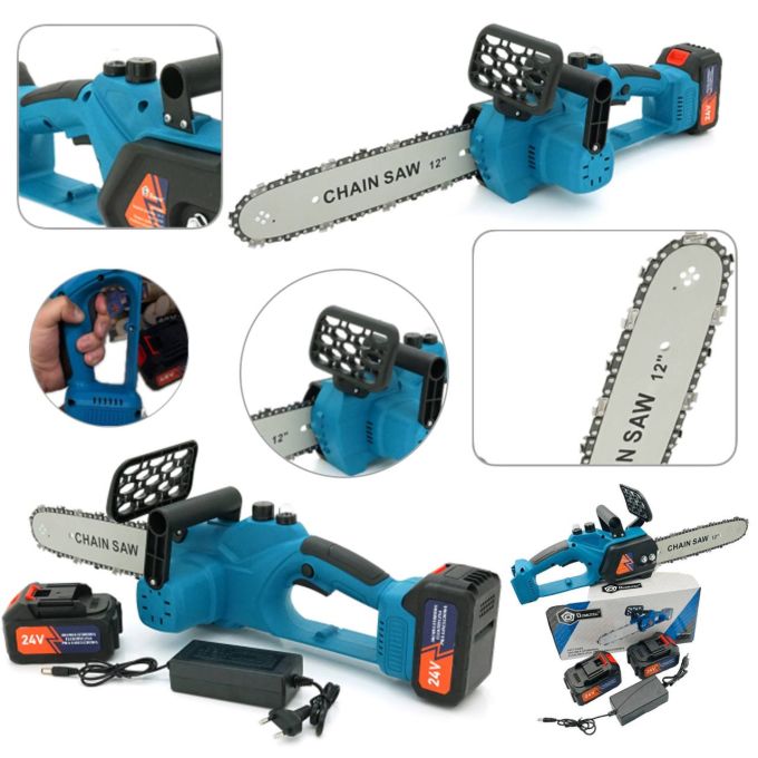 Ручная Мощная Универсальная Электропила 24V Chain Saw 12'', Пила аккумуляторная беспроводная безопасная выносливая портативная цепная для распилки дров и обрезки деревьев или веток с двумя аккумуляторами