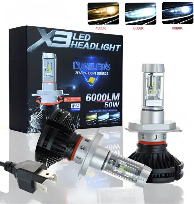 Комплект светодиодные LED лампы X3-H7 для автомобиля HeadLight 50Вт с активным охлаждением 8000K/6000Lm, автомобильные лед лампы